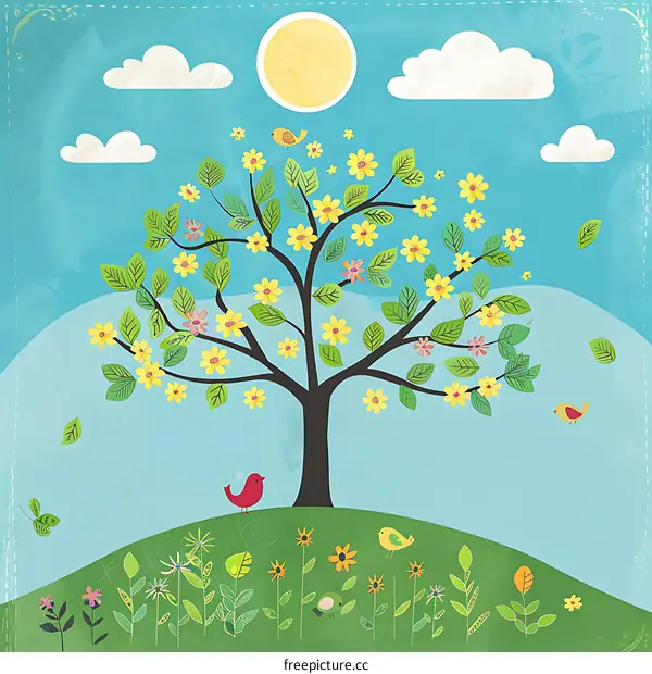 Springtime Flower Tree Illustration With Birds
