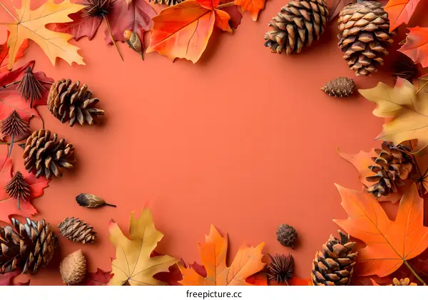 Autumn Leaves and Pine Cones on Orange Background