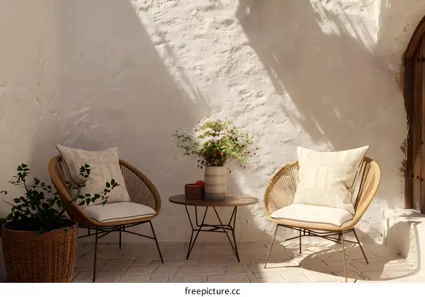 Minimalist Patio With Two Wicker Chairs And A Wooden Table