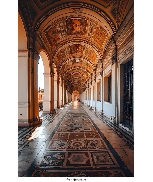 Arched Corridor With Ornate Ceiling and Mosaic Floor