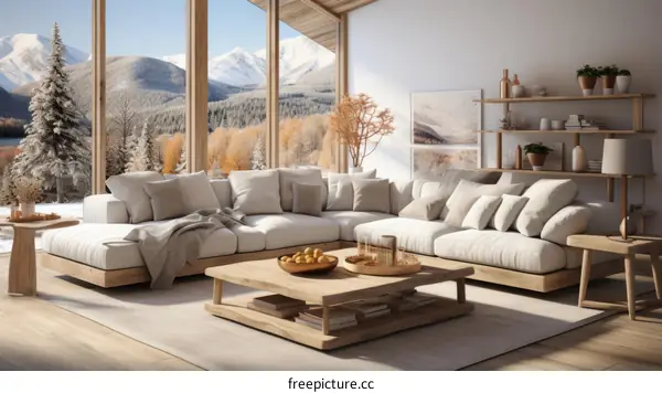 Modern Minimalist Living Room With Large Windows Overlooking Snowy Mountain Landscape