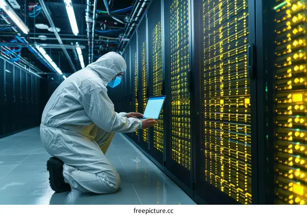 Technician in protective suit working on a server in a data center