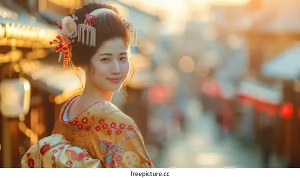 Beautiful Woman in Traditional Japanese Kimono Looking Back with a Smile