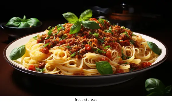 A plate of pasta with tomato sauce and basil leaves