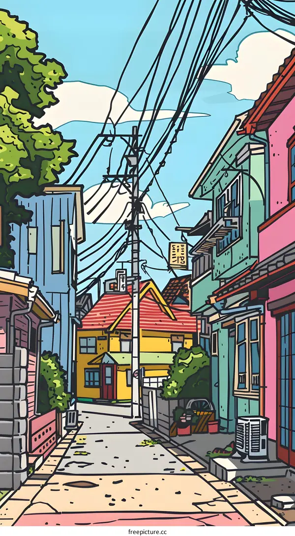 Illustration of a Narrow Street in Japan with Colorful Buildings