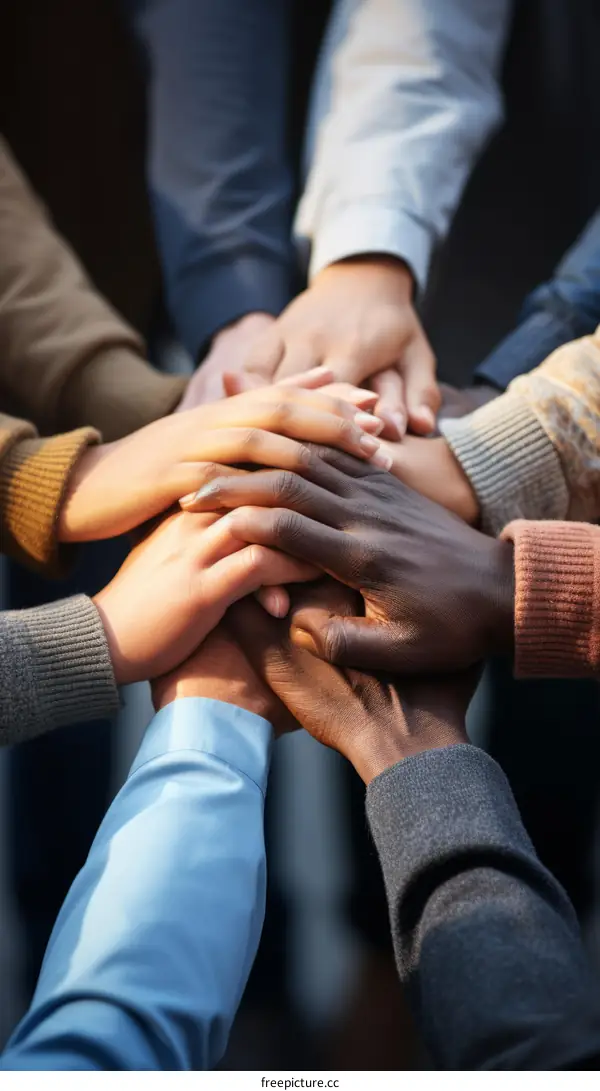 Multiracial group of people joining hands together