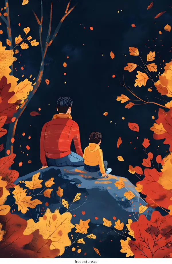Father and Son Watching Autumn Leaves Fall