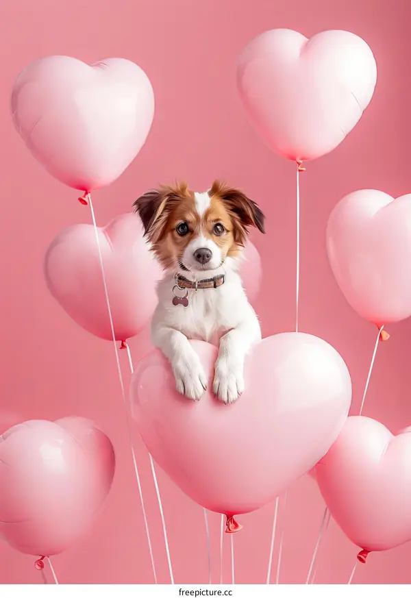 A cute puppy surrounded by pink heart-shaped balloons