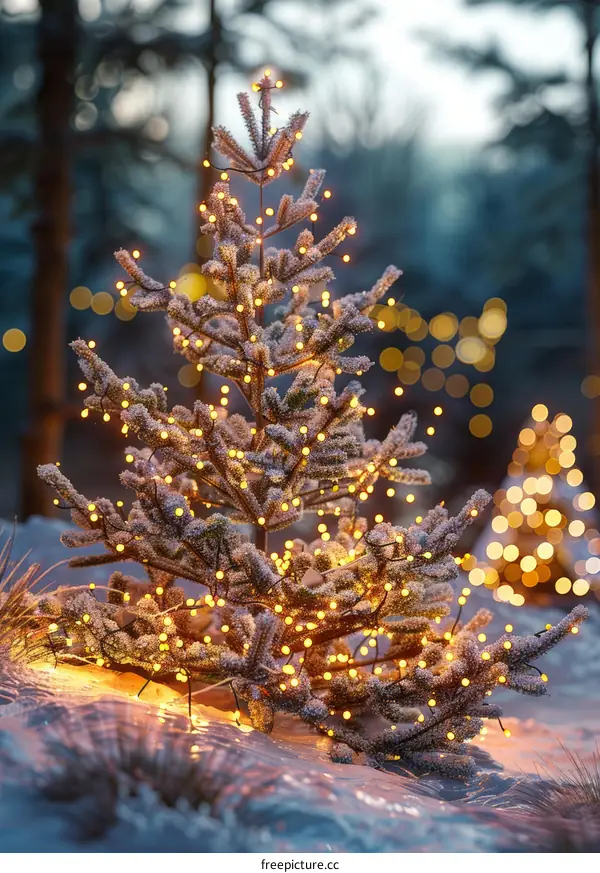 Christmas Tree Shining Resplendently in the Snowy Night