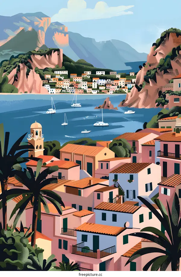 Mediterranean Coastal Town Illustration With Palm Trees