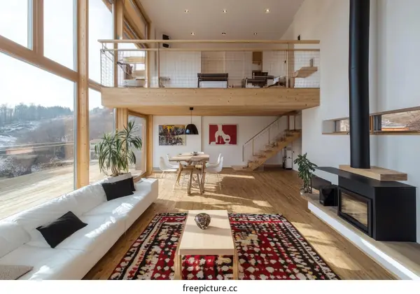 Modern Wooden House Interior with Large Windows