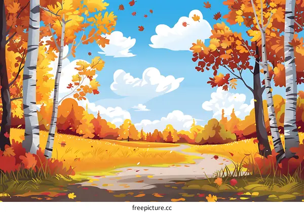 Autumn Landscape with Path and Birch Trees