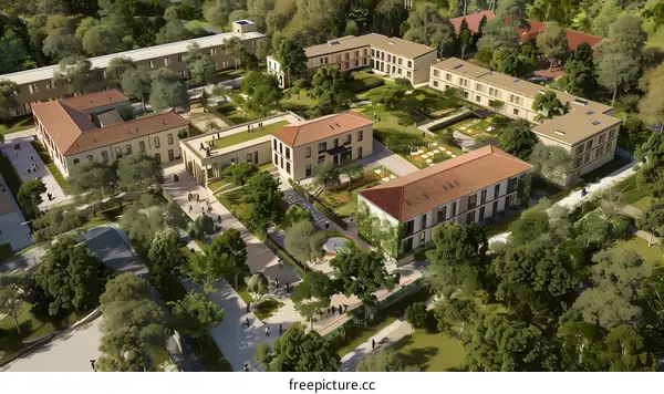 Aerial View of Modern Campus Architecture with Trees and People