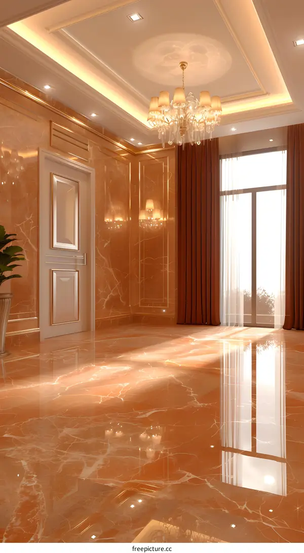 Modern Interior Design with Marble Flooring and Chandelier