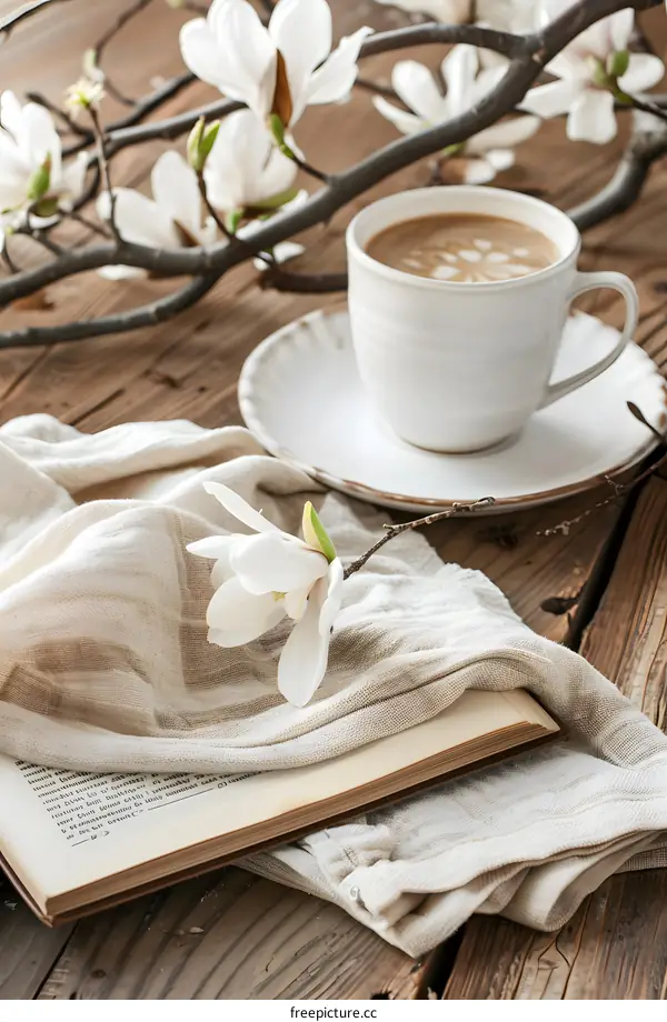 Coffee and Magnolia Flowers on Wooden Table