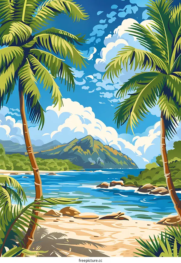 Tropical Beach Landscape With Palm Trees and Mountains