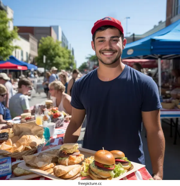 A smiling man selling burgers at a street fair
