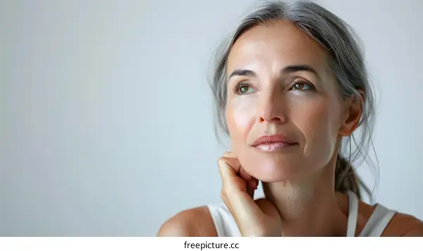 Portrait of a Mature Woman With Gray Hair Looking Up