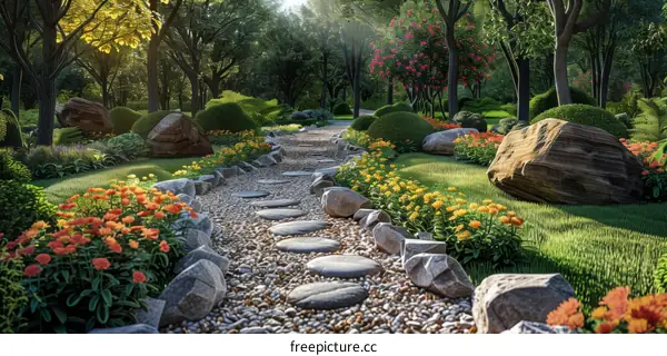 Serene Pebbled Path Through a Lush Garden