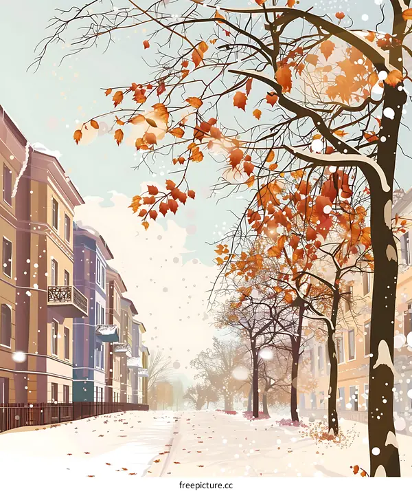 Snowy Winter Street With Bare Trees And Buildings