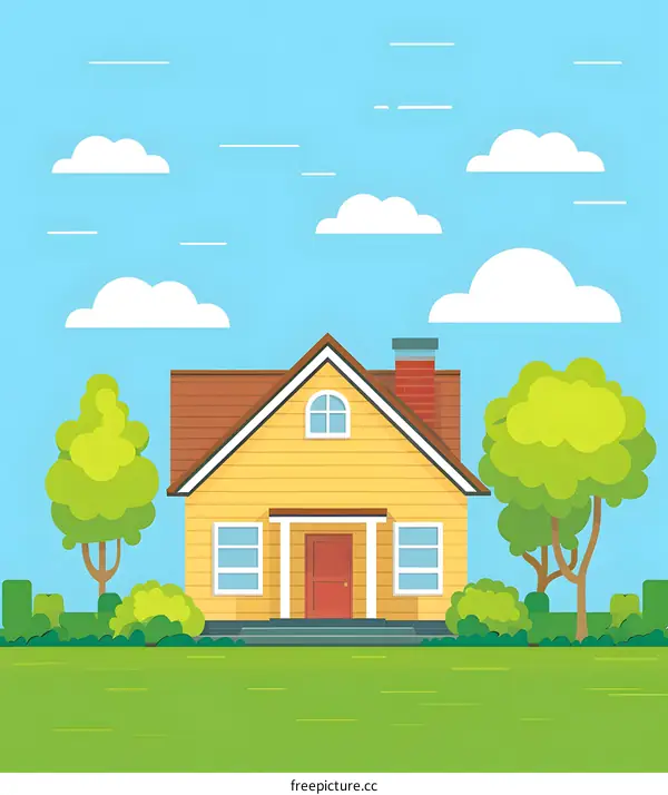 Yellow House with Green Trees and Blue Sky