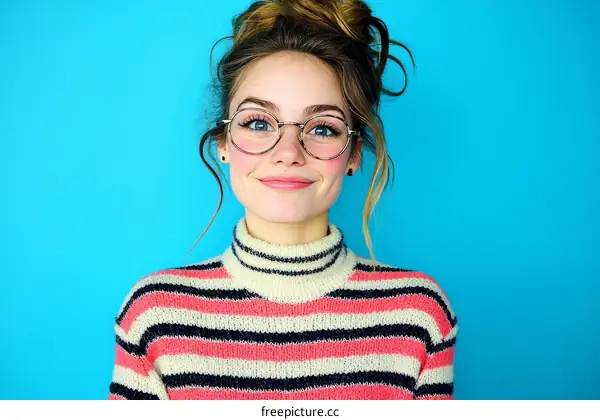 Smiling Woman in Striped Sweater and Glasses