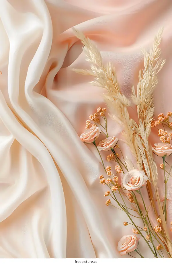 Peach and White Satin Fabric with Dried Flowers
