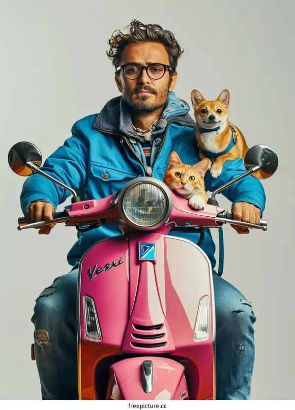Bearded man in blue jacket riding pink moped with cat and dog