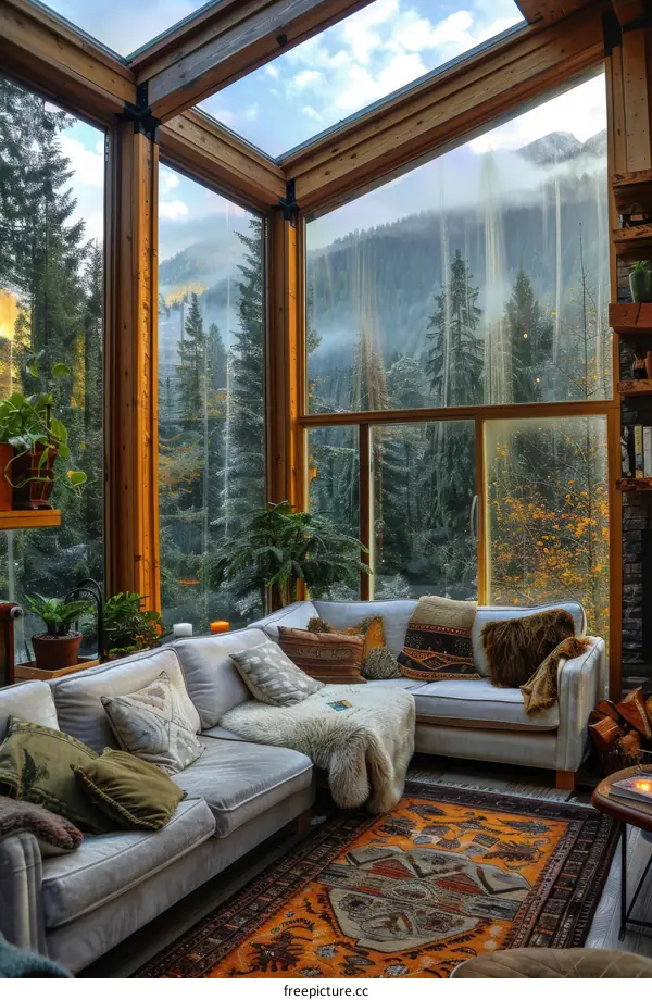 A cozy living room with a view of the forest