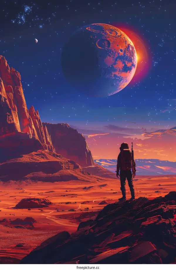 An astronaut on a distant planet gazes at a setting moon and stars in awe