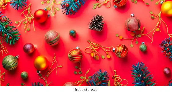 Ornate Christmas Decorations on Red Velvet Background