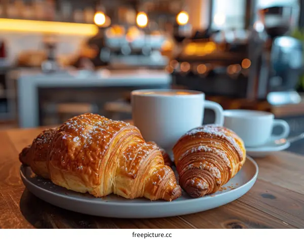 Freshly baked croissants on a plate with coffee in the background