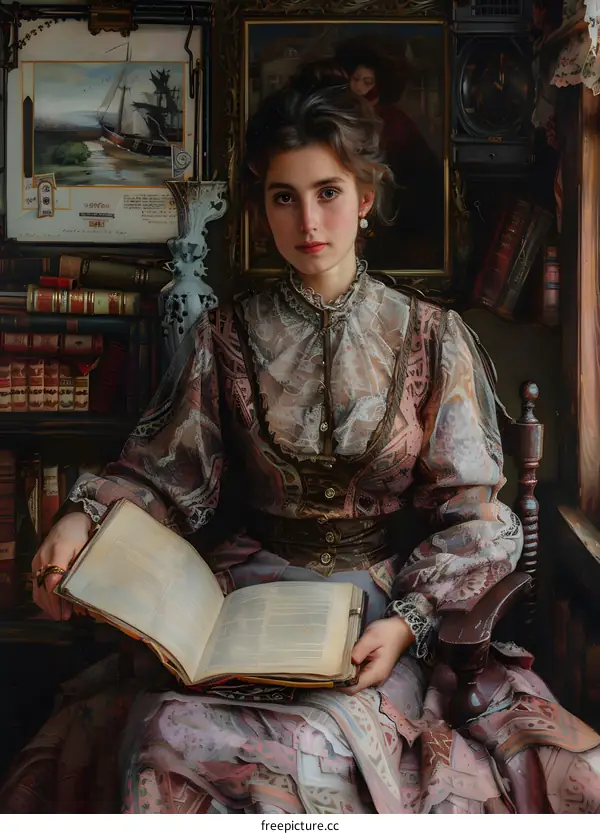 portrait of a young woman reading a book in a library