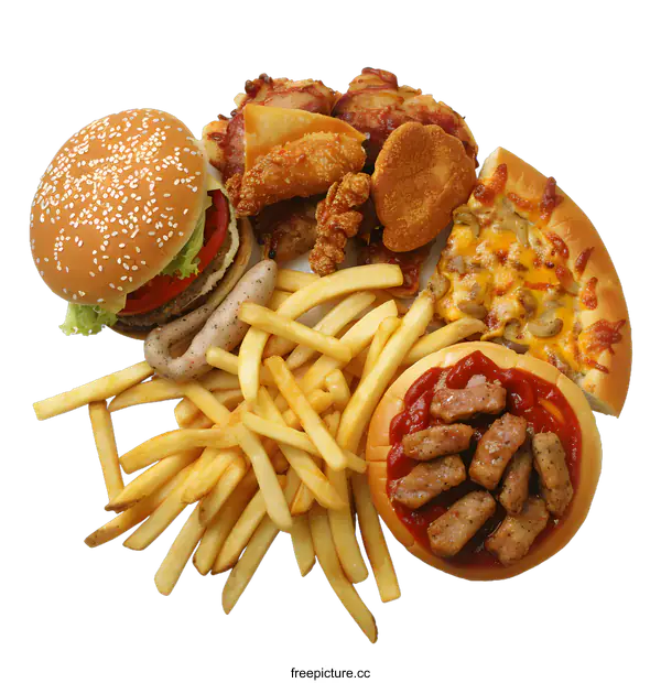 [Transparent Background PNG]Assortment of Fast Food on White Background