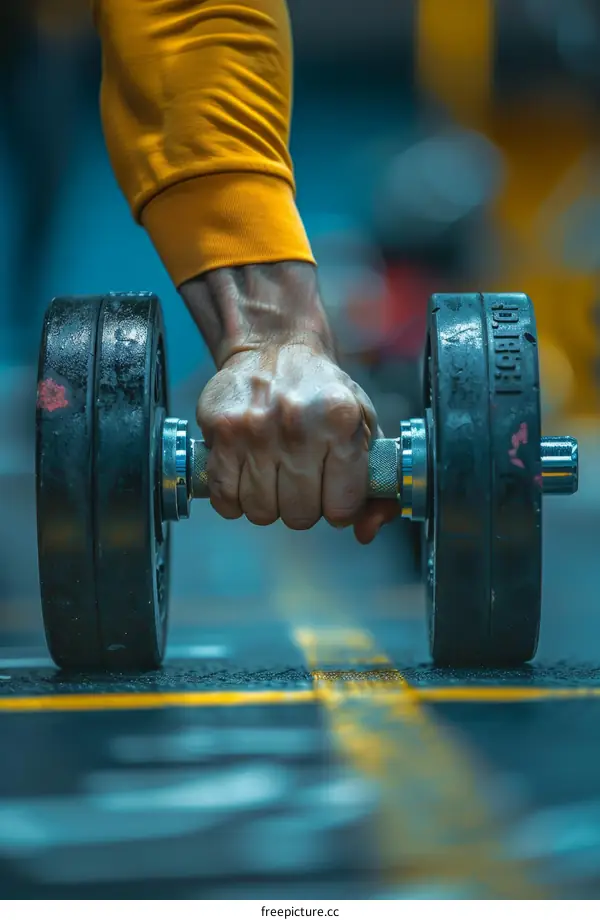 A man in a yellow sweatshirt is lifting a dumbbell.
