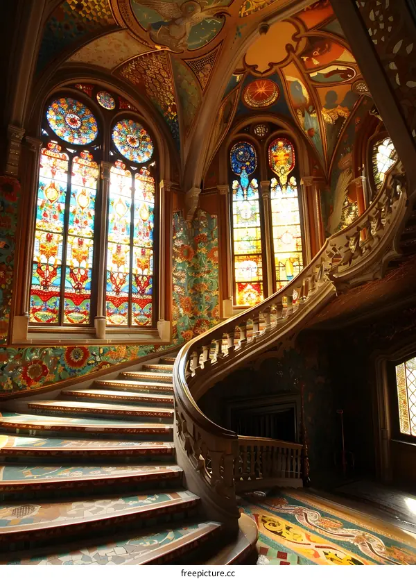 Grand Staircase with Stained Glass Windows
