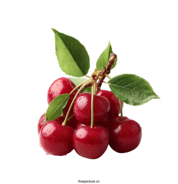 [Transparent Background PNG]Fresh Cherries with Leaves on White Background
