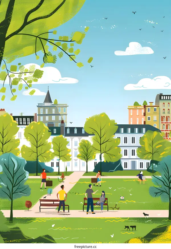 Springtime in the City Park Illustration