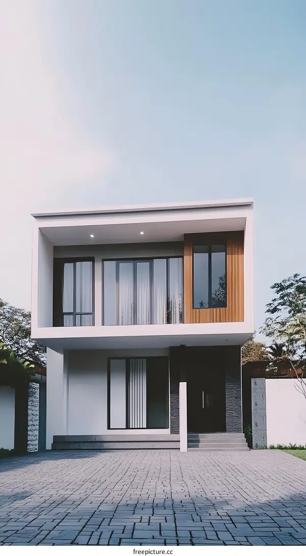 Modern White Minimalist House with Wooden Accents and Open Balcony