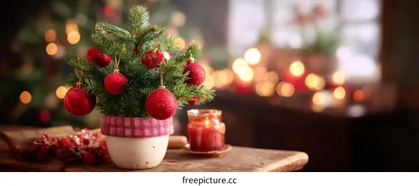 Christmas Miniature Tree Decorated with Red Ornaments