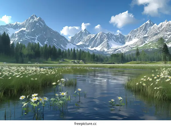 Stunning Mountain Landscape with River and Flowers