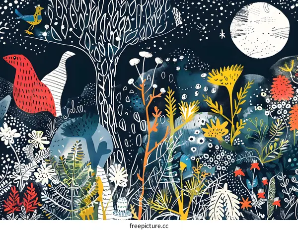 Nighttime Garden with Colorful Flowers and Birds