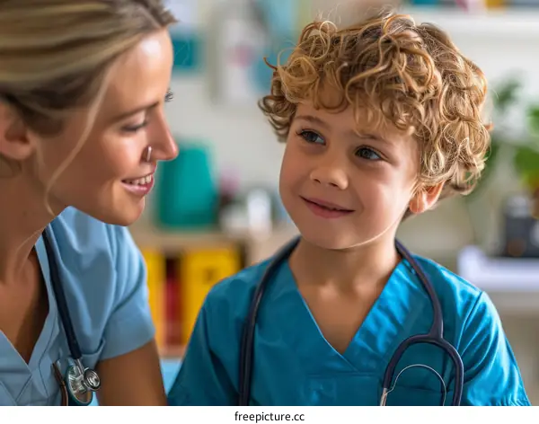 Little boy and girl in blue medical uniform smiling