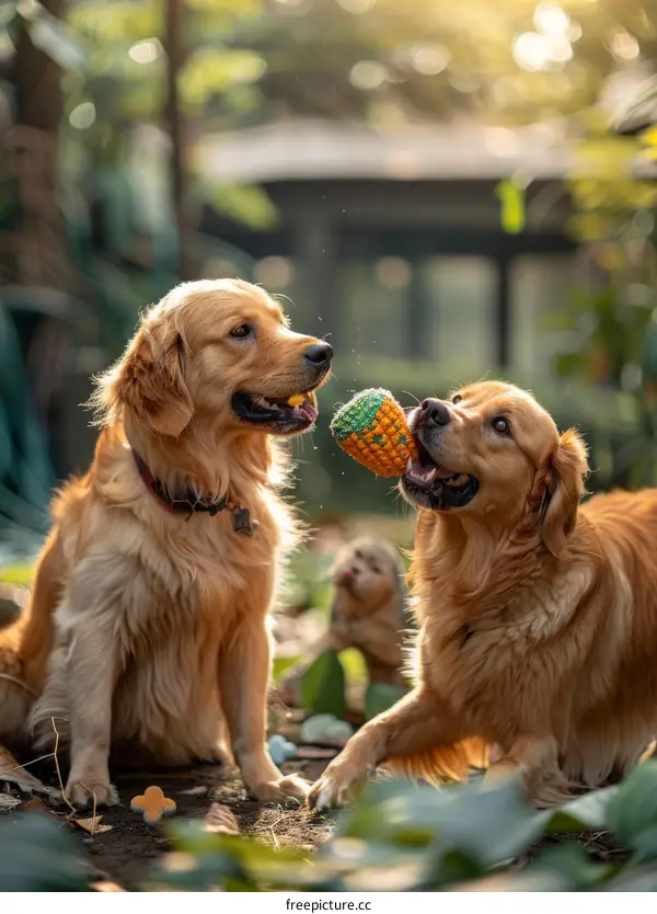 Two Golden Retrievers playing with a toy in the backyard