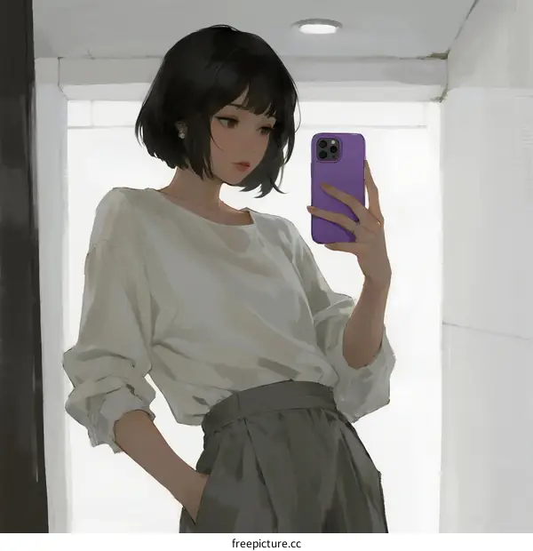 A Young Asian Woman Taking Selfie with Purple Smartphone