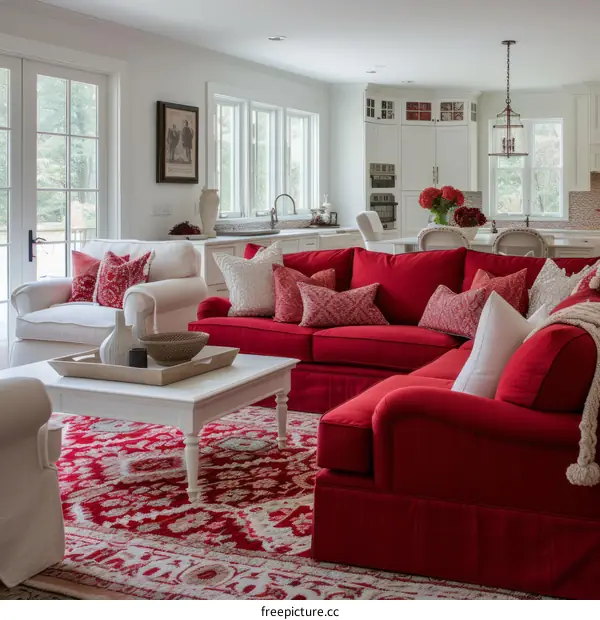 Red and white living room with a red sofa, white chairs, and a red patterned rug