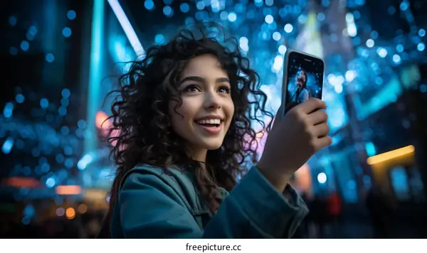 A young woman with curly hair is taking a selfie in front of a blue background.