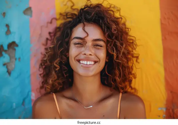 Smiling Woman with Curly Hair Against a Colorful Background
