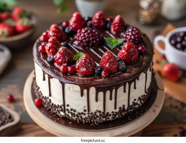 Chocolate Cake Topped with Strawberries, Blueberries & Raspberries
