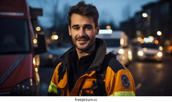 Portrait of a smiling young male paramedic in uniform standing in front of an ambulance